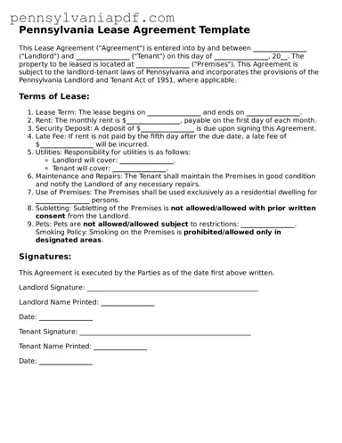 Fillable  Lease Agreement Document for Pennsylvania