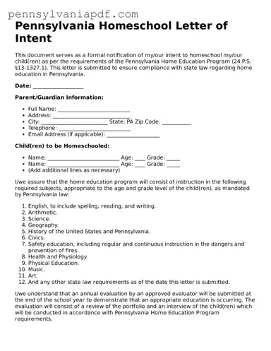 Fillable  Homeschool Letter of Intent Document for Pennsylvania