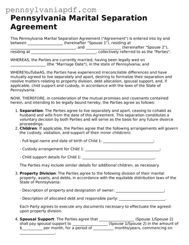Fillable  Marital Separation Agreement Document for Pennsylvania