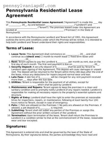 Fillable  Residential Lease Agreement Document for Pennsylvania