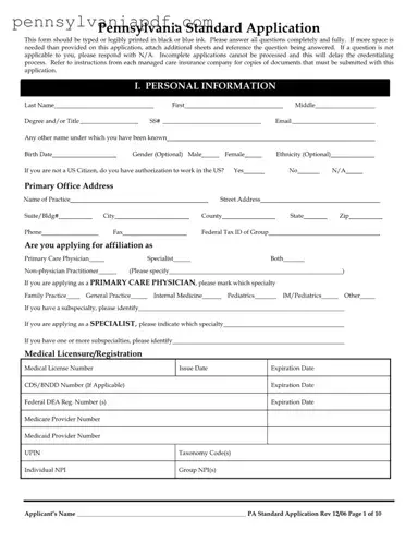 Fill a Valid Pennsylvania Standard Application Form
